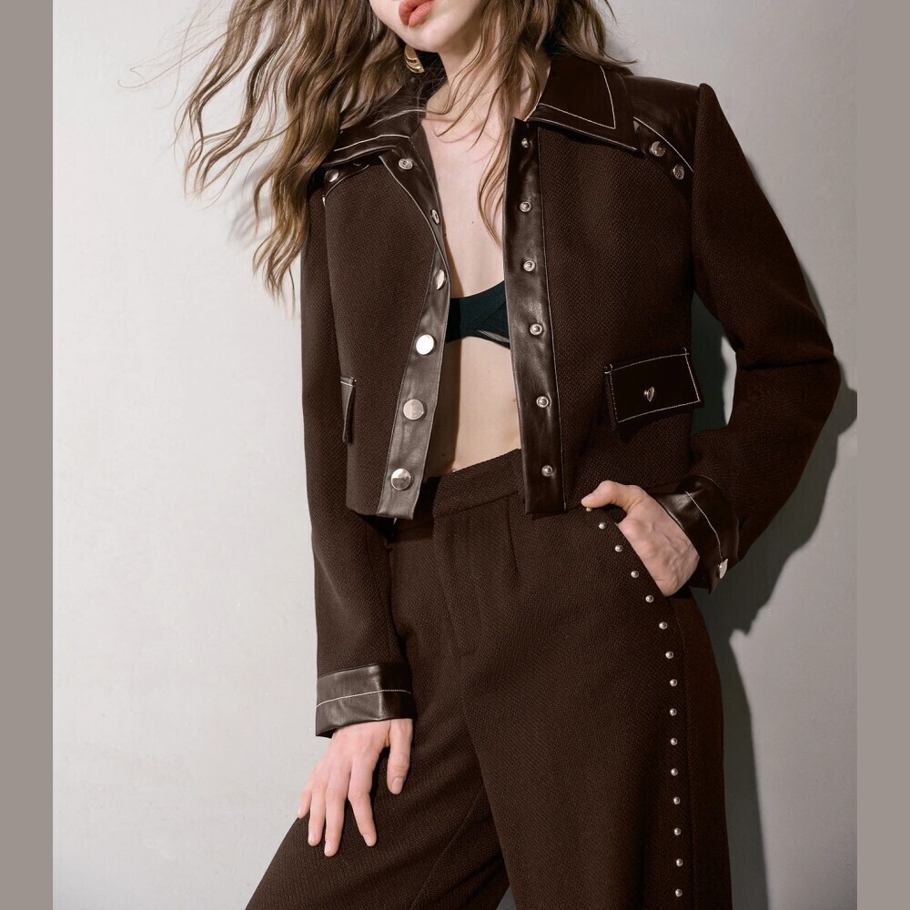 Brown Textured Knit Faux Leather Trim Button Front Pocket Cropped Jacket